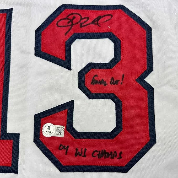 Framed autographed Doug Mientkiewicz 04 WS Champs Boston white jersey patch
