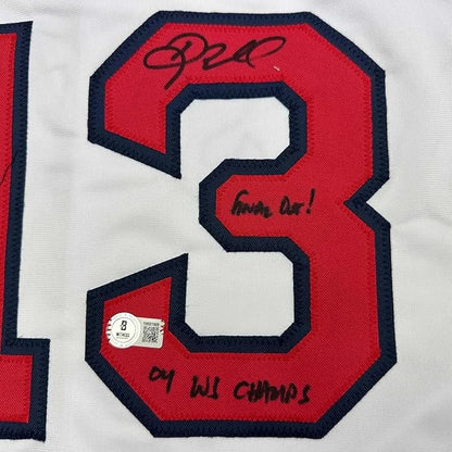 Framed autographed Doug Mientkiewicz 04 WS Champs Boston white jersey patch