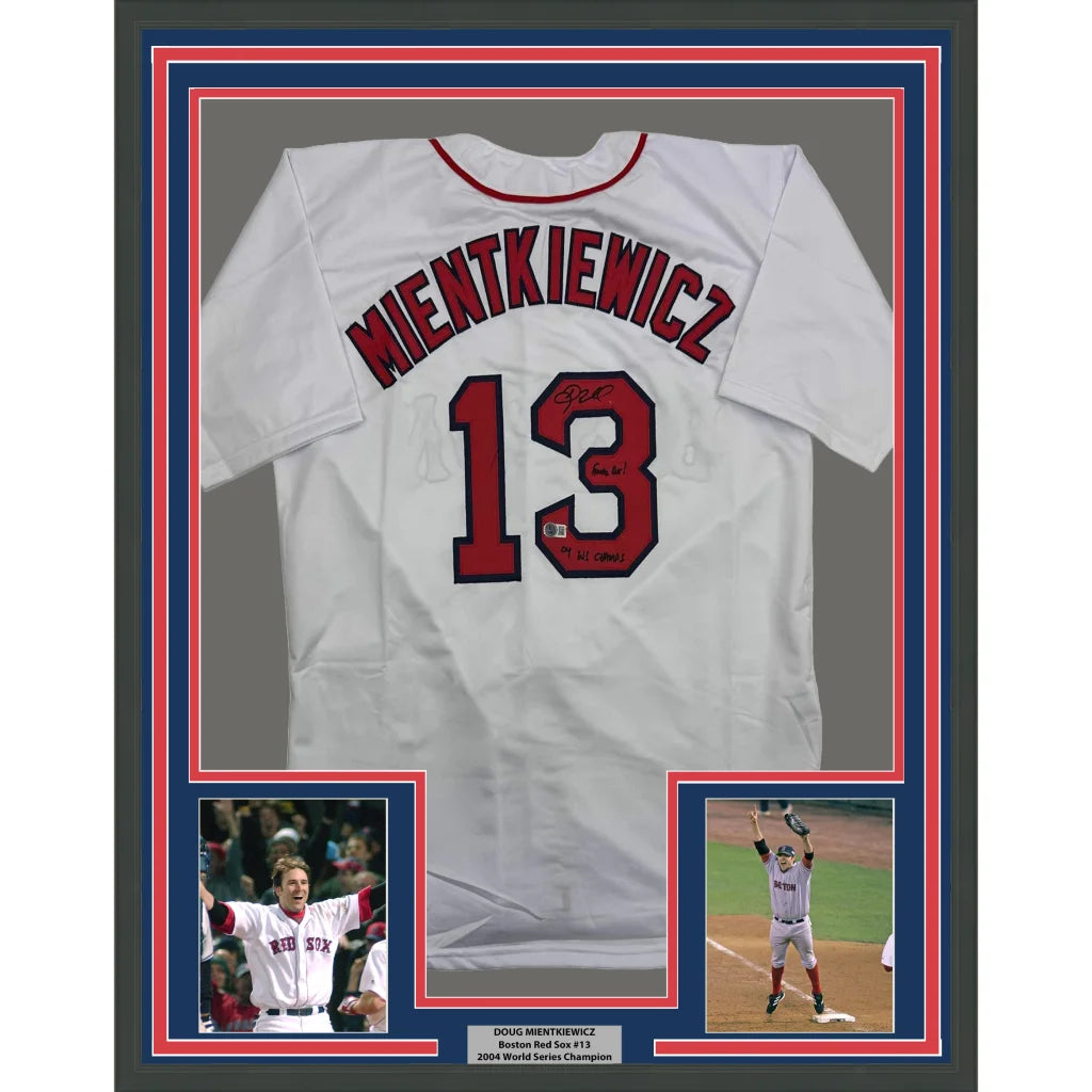 Framed autographed Doug Mientkiewicz Boston Red Sox white jersey #13 Beckett COA