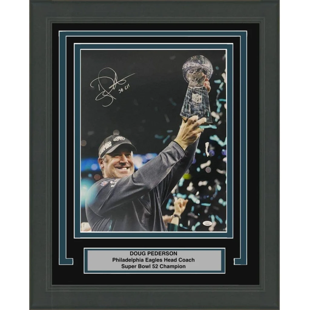 Framed signed Doug Pederson Super Bowl LII trophy photo with JSA COA