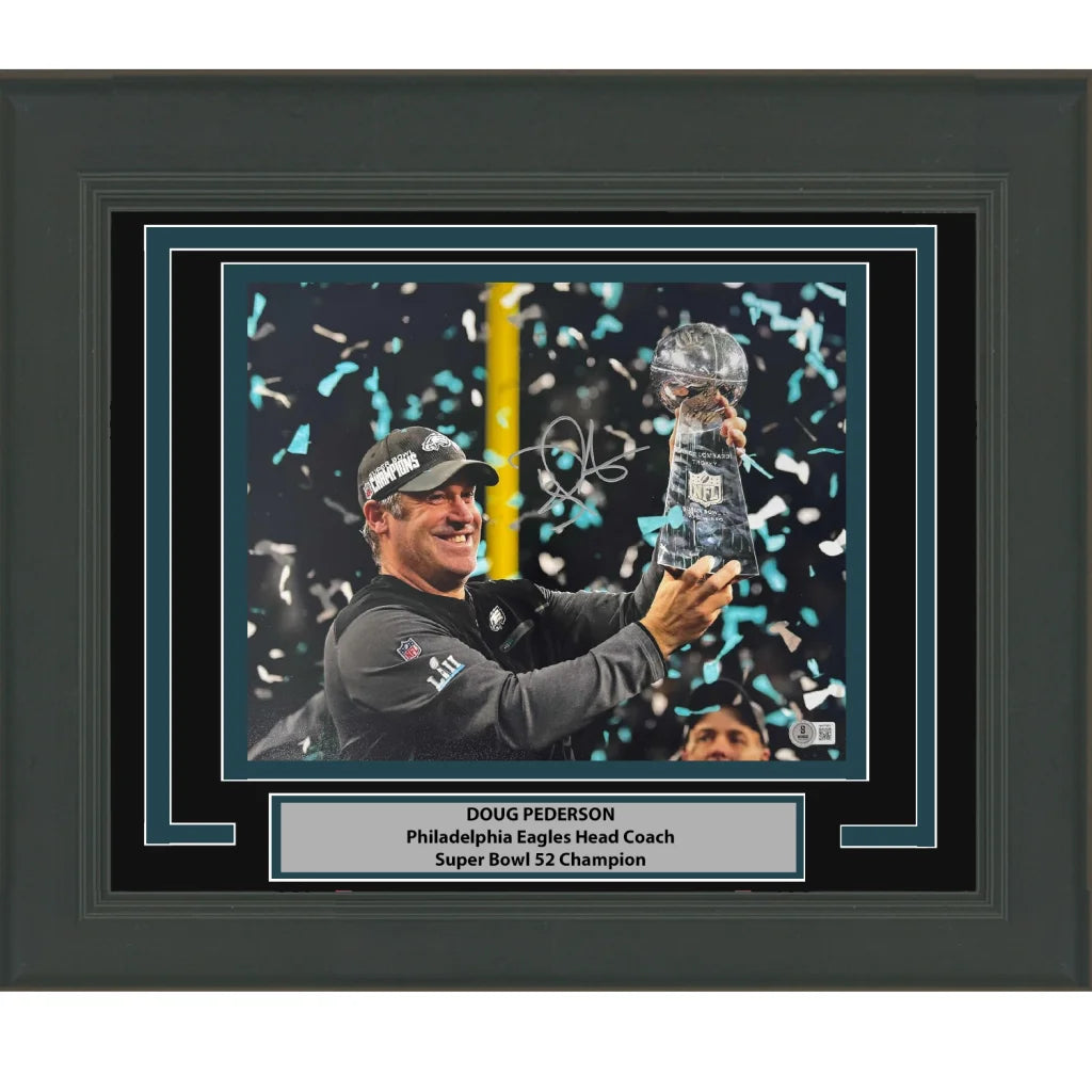 Framed Autographed Doug Pederson Philadelphia Eagles Super Bowl LII 52 Champions 8x10 Football Photo Beckett BAS COA #2 | Hall of Fame Sports Memorabilia | vintageantiquesgifts.com