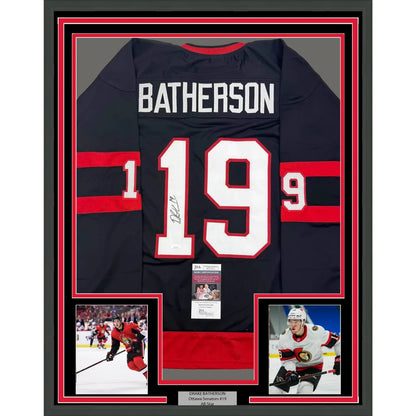 Professionally framed Brady Tkachuk Ottawa black hockey jersey with player photos and auth