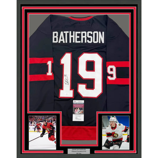 Professionally framed Brady Tkachuk Ottawa black hockey jersey with player photos and auth