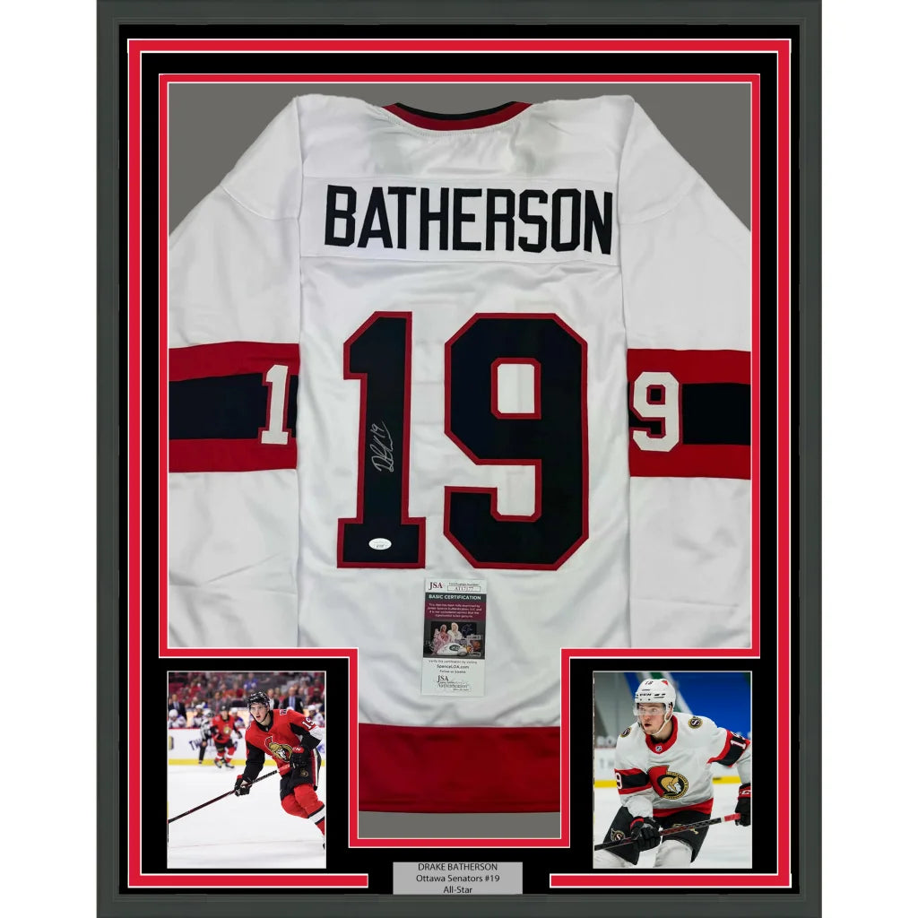 Framed signed Drake Batherson Ottawa white jersey with Batherson 19