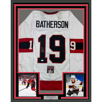 Framed signed Drake Batherson Ottawa white jersey with Batherson 19