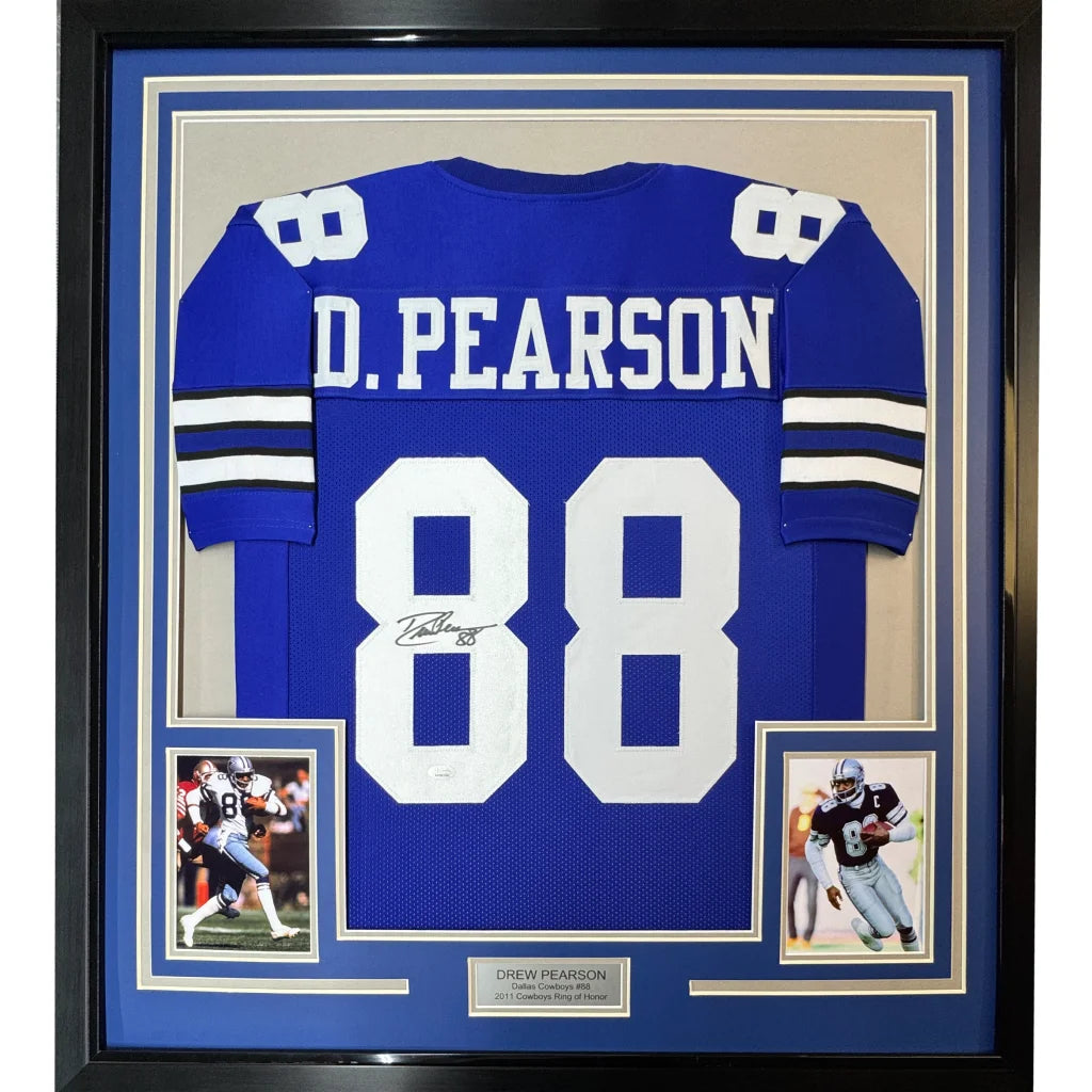 Framed Drew Pearson autographed Dallas Cowboys jersey with display photos ready to hang
