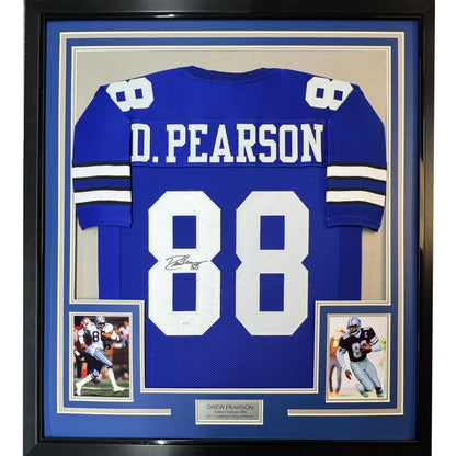 Framed Drew Pearson autographed Dallas Cowboys jersey with display photos ready to hang