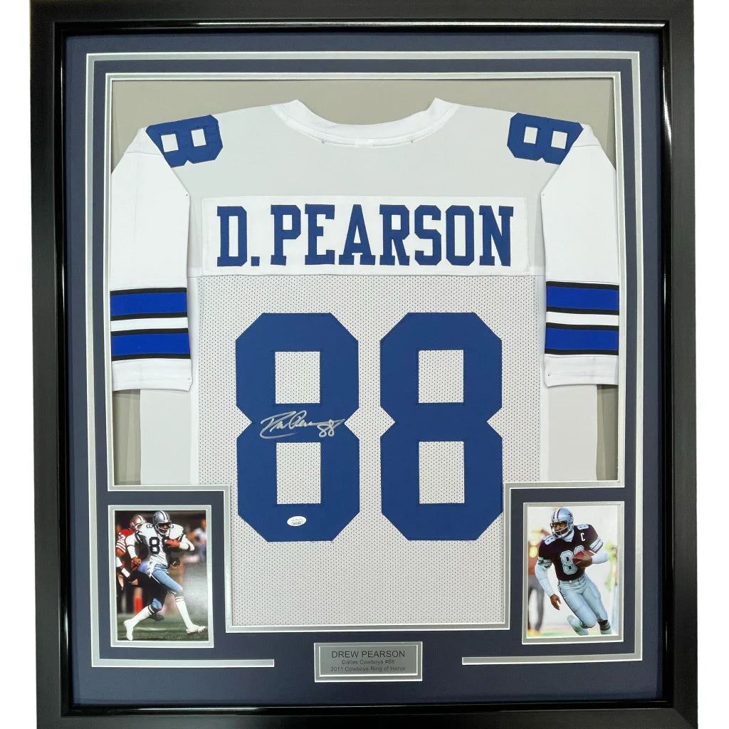 Framed Drew Pearson Autographed Cowboys Jersey Man Cave Decor with inset photos