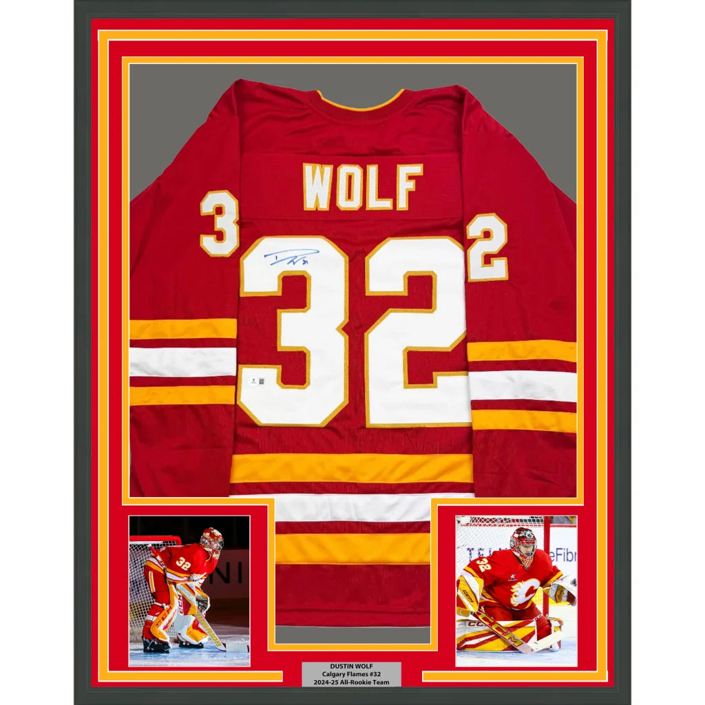 Framed autographed Calgary Red Hockey jersey with player photos for man cave decor