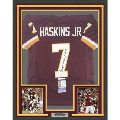 Framed autographed Dwayne Haskins Jr Washington Redskins jersey with player photos and authentication