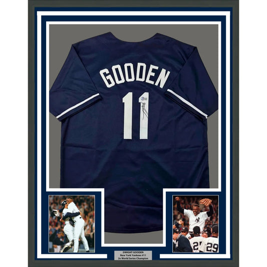 Professionally framed Dwight Doc Gooden New York blue baseball jersey with photos and plaque