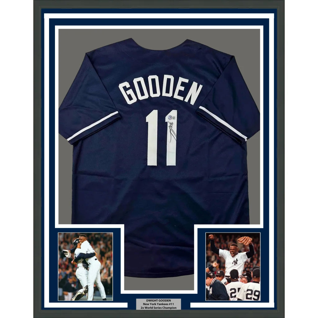 Framed Autographed Dwight Doc Gooden 35x39 New York Blue Baseball Jersey Beckett BAS COA | Hall of Fame Sports Memorabilia | vintageantiquesgifts.com