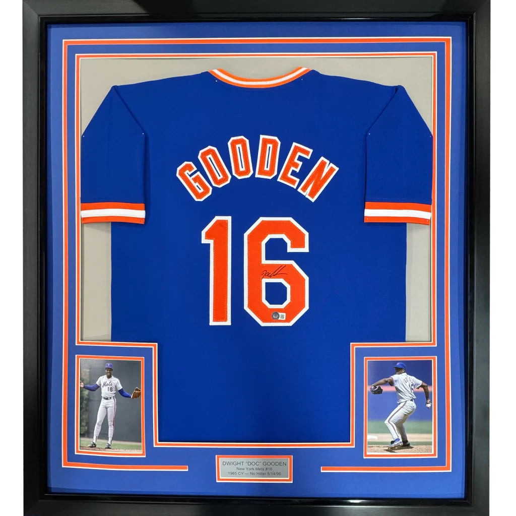 Framed Dwight Doc Gooden autographed baseball jersey for professional sports fans