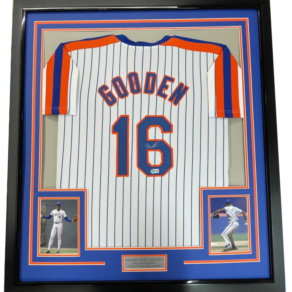 Framed Autographed Dwight Doc Gooden 35x39 New York Pinstripe Baseball Jersey PSA/DNA COA | Hall of Fame Sports Memorabilia | vintageantiquesgifts.com