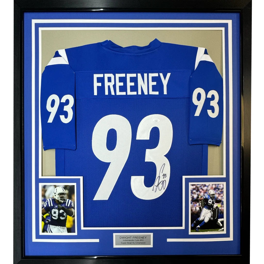 Framed autographed Indianapolis Colts blue jersey with Freeney 93, JSA COA