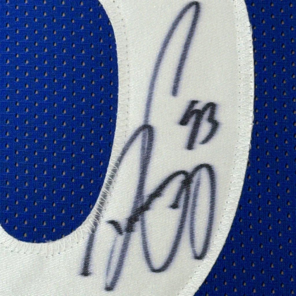 Framed autographed Dwight Freeney Indianapolis blue jersey with JSA COA