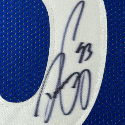 Framed autographed Dwight Freeney Indianapolis blue jersey with JSA COA