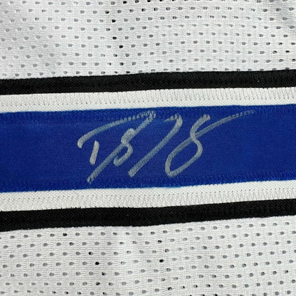 Professionally framed Dwight Howard Magic jersey with blue stripe and signature