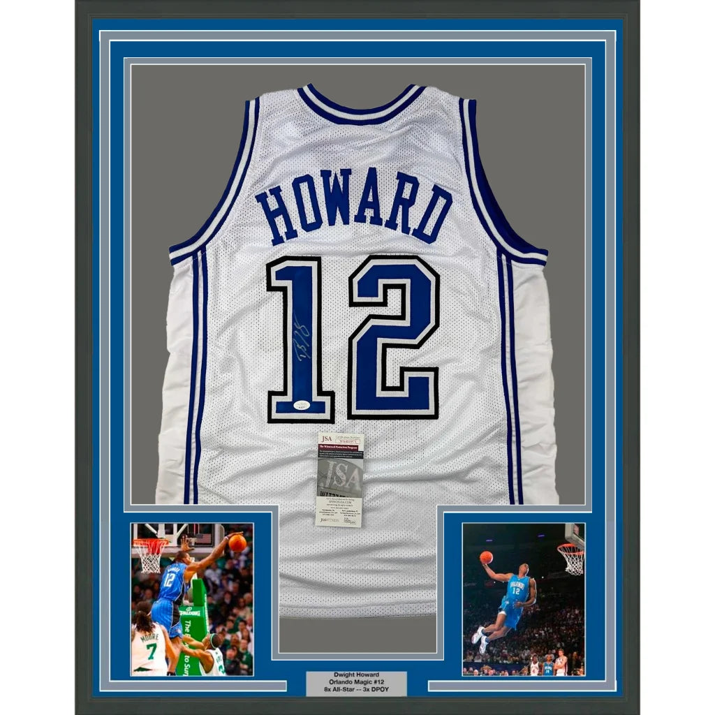 Professionally framed Dwight Howard Orlando Magic jersey with action shots for courtside feel