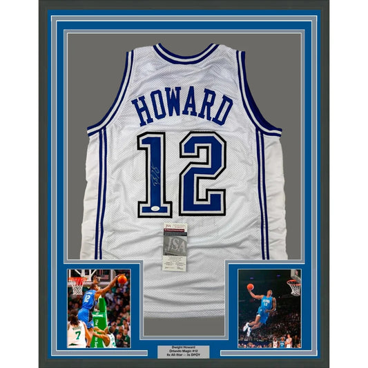 Professionally framed Dwight Howard Orlando Magic jersey with action shots for courtside feel