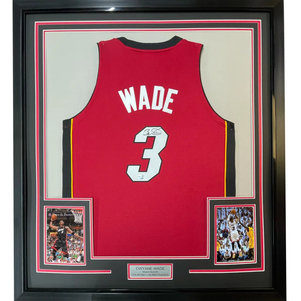 Framed Dwyane Wade signed Miami Heat jersey with photos and nameplate ready to hang
