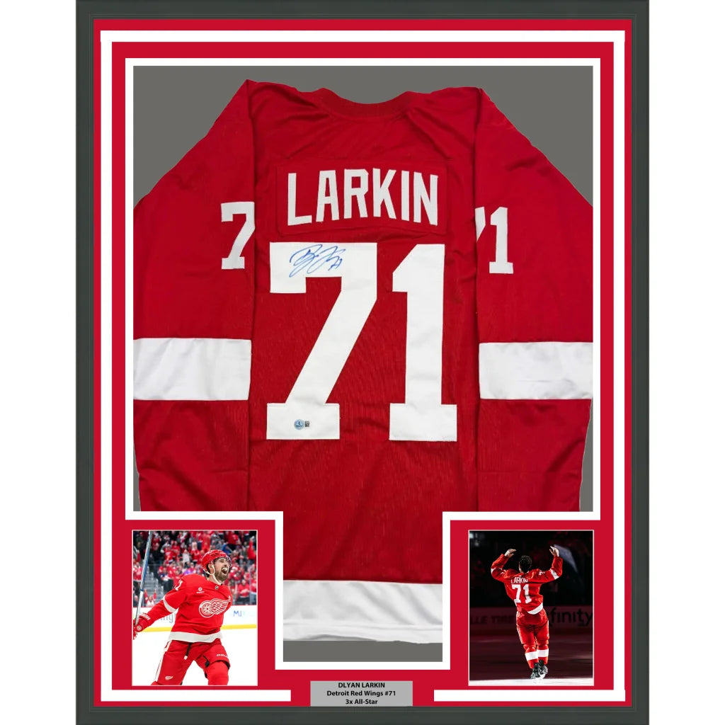 Framed red hockey jersey with white lettering for man cave display