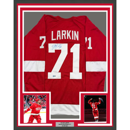Framed red hockey jersey with white lettering for man cave display