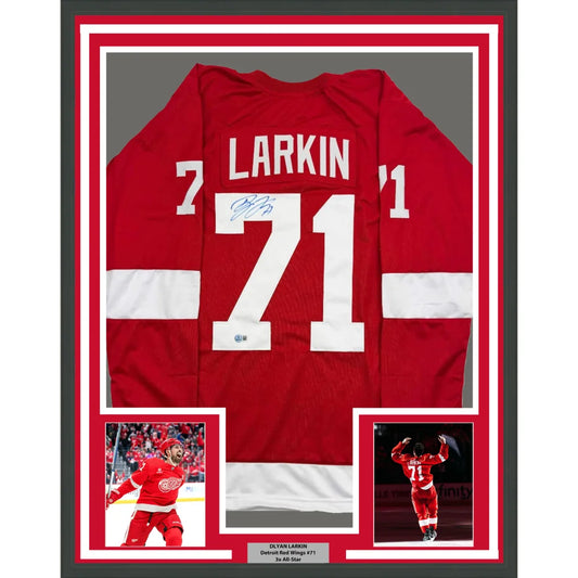 Framed red hockey jersey with white lettering for man cave display