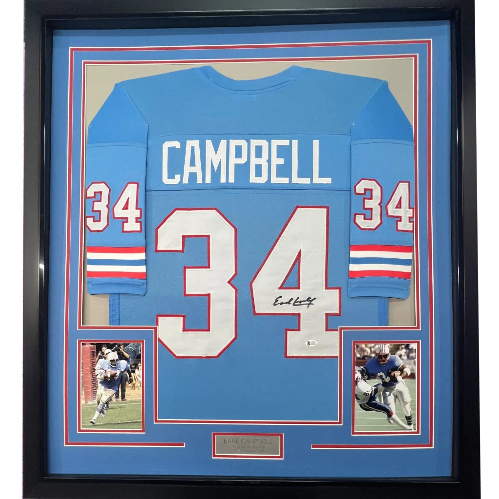 Framed Autographed Earl Campbell 35x39 Houston Blue Football Jersey JSA COA | Hall of Fame Sports Memorabilia | vintageantiquesgifts.com