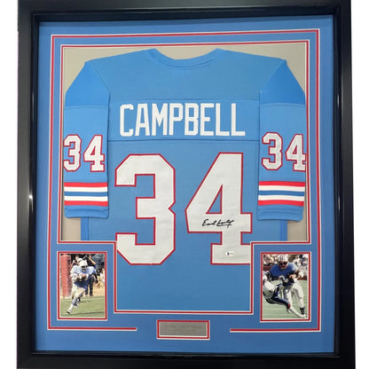 Framed Autographed Earl Campbell 35x39 Houston Blue Football Jersey JSA COA | Hall of Fame Sports Memorabilia | vintageantiquesgifts.com