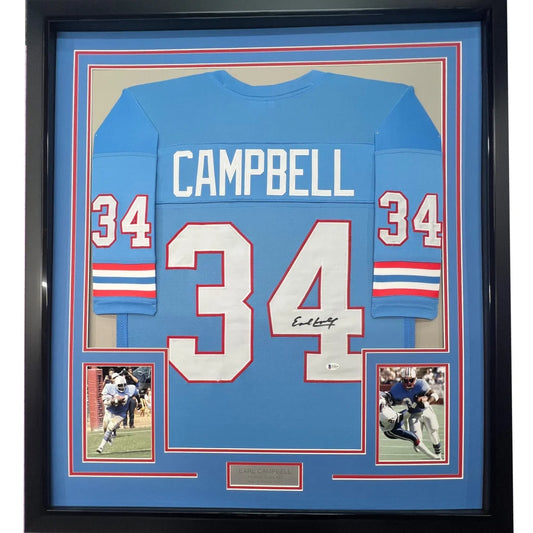 Framed Autographed Earl Campbell 35x39 Houston Blue Football Jersey JSA COA | Hall of Fame Sports Memorabilia | vintageantiquesgifts.com