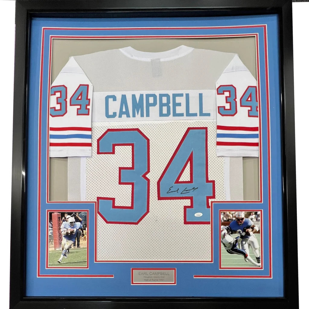Framed Earl Campbell signed Oilers jersey with photos ready to hang as a collectible wall art
