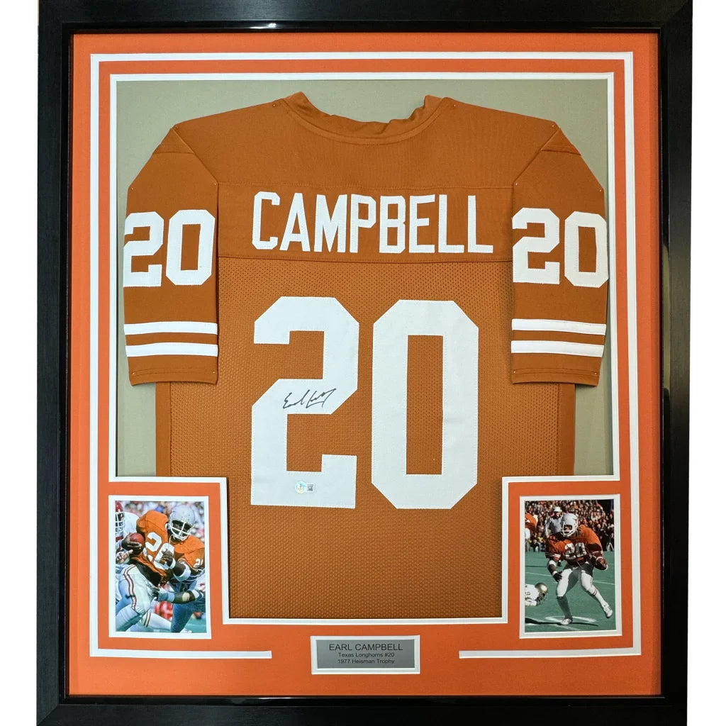 Framed autographed Earl Campbell orange Texas football jersey with number 20