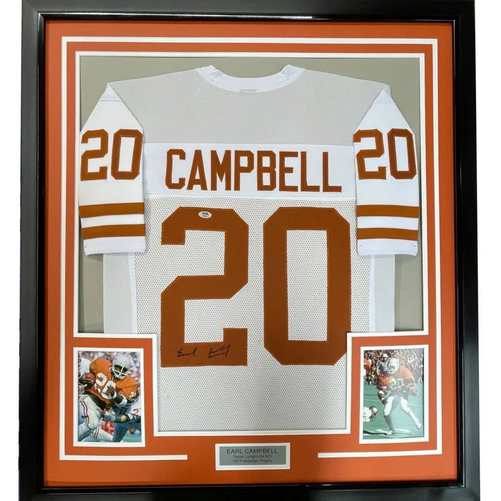 Framed Autographed Earl Campbell 35x39 Texas White College Football Jersey JSA COA | Hall of Fame Sports Memorabilia | vintageantiquesgifts.com