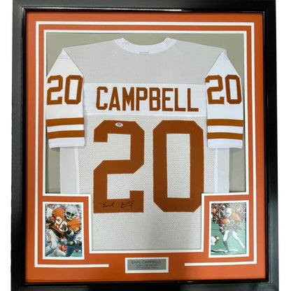Framed Autographed Earl Campbell 35x39 Texas White College Football Jersey JSA COA | Hall of Fame Sports Memorabilia | vintageantiquesgifts.com