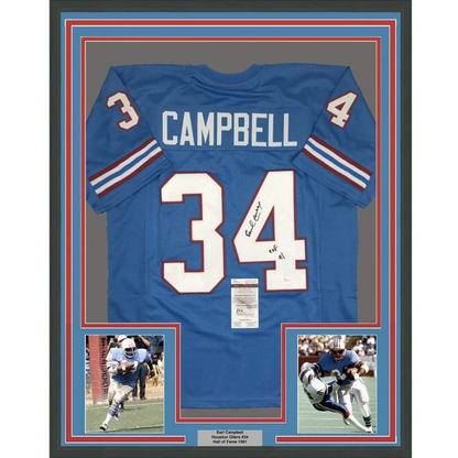 Framed Autographed Earl Campbell HOF 91 35x39 Houston Blue Football Jersey JSA COA | Hall of Fame Sports Memorabilia | vintageantiquesgifts.com
