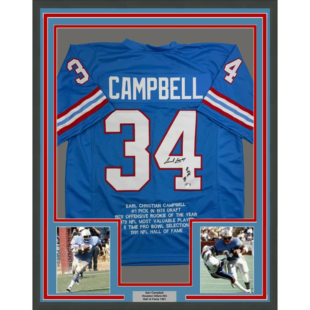 Back of framed autographed Earl Campbell HOF Houston blue jersey #34 Campbell JSA