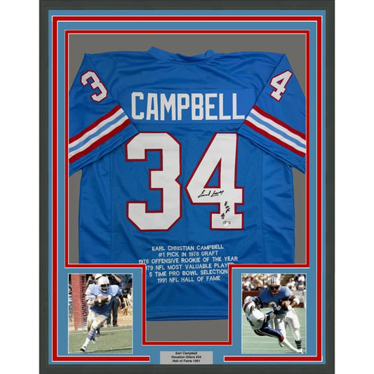 Back of framed autographed Earl Campbell HOF Houston blue jersey #34 Campbell JSA