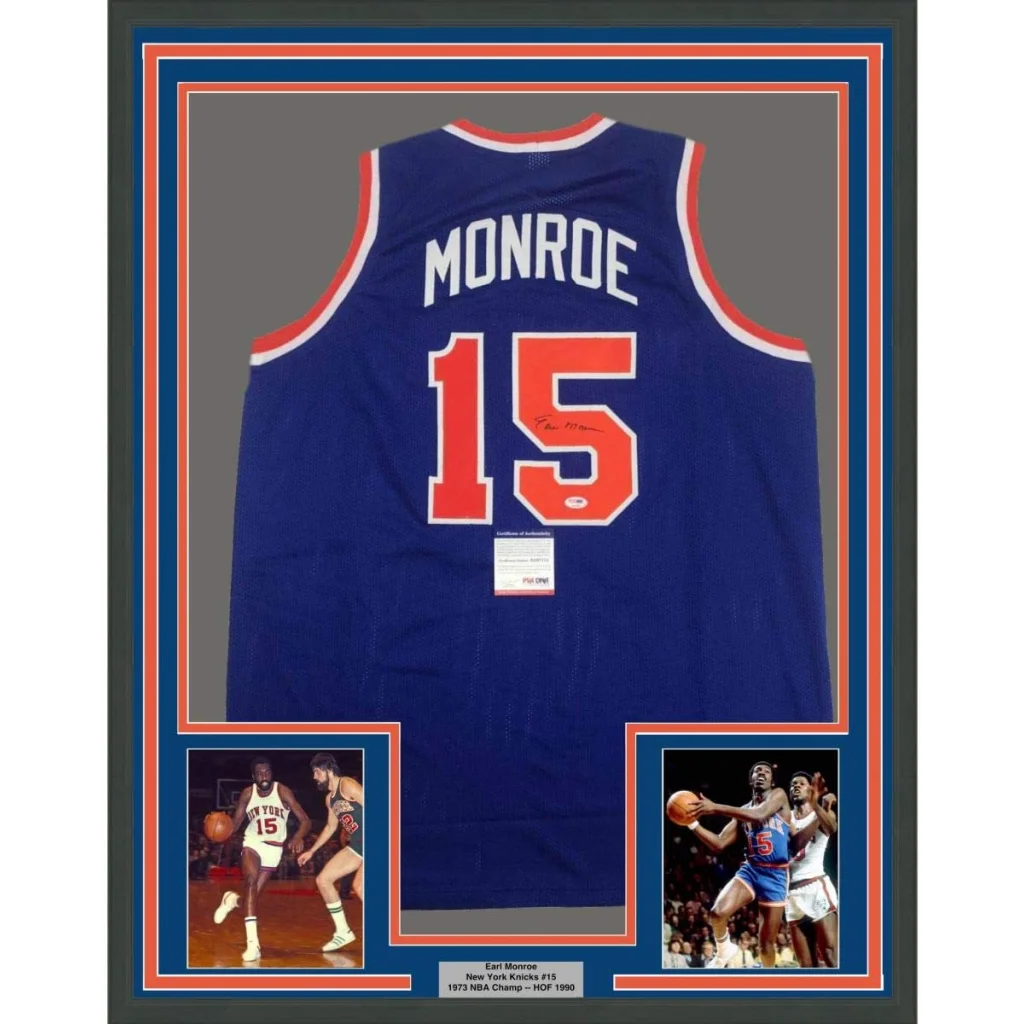 Framed autographed New York Knicks Earl Monroe blue jersey with trim, PSA/DNA COA
