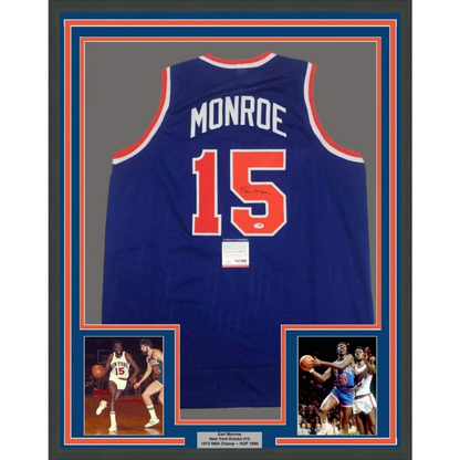 Framed autographed New York Knicks Earl Monroe blue jersey with trim, PSA/DNA COA