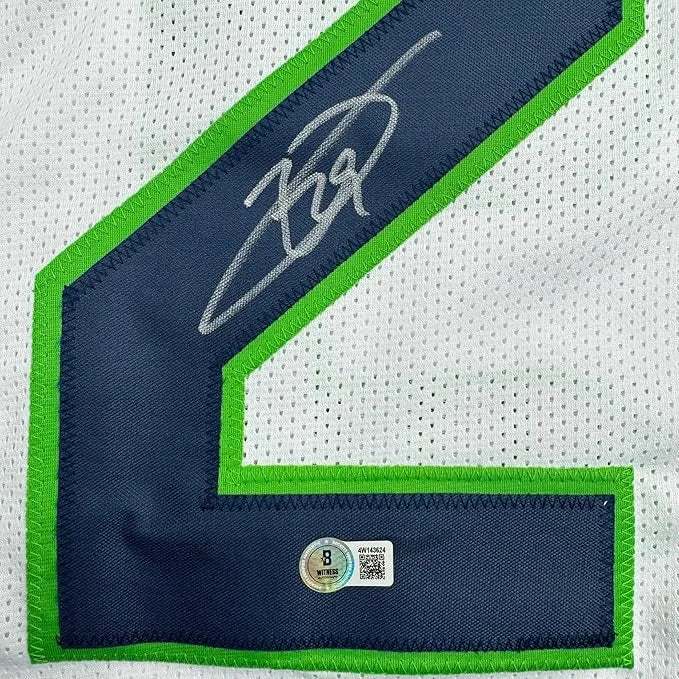 Framed autographed Earl Thomas III Seattle white football jersey back with navy blue green 2 patch