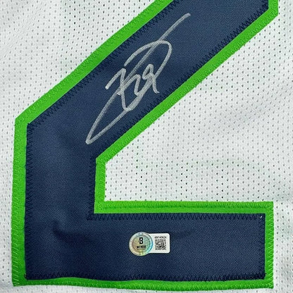 Framed autographed Earl Thomas III Seattle white football jersey back with navy blue green 2 patch