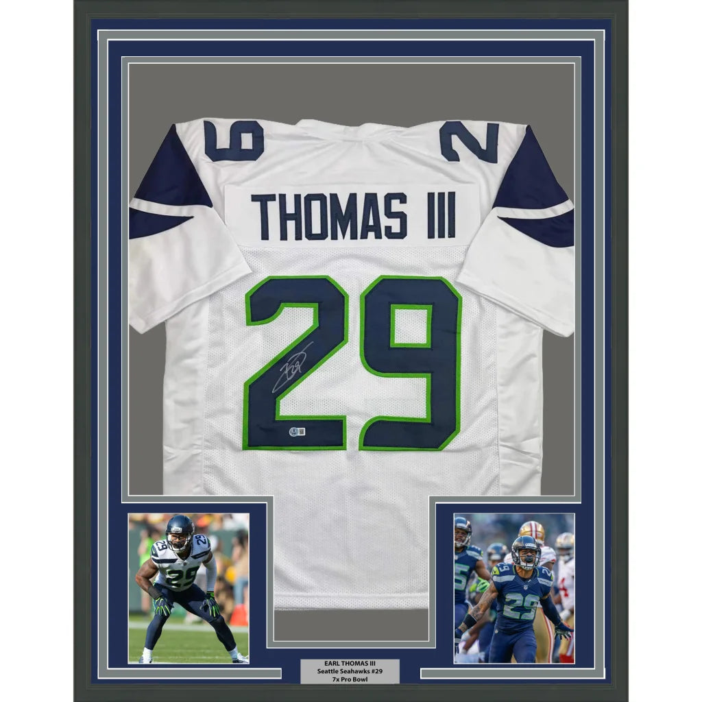 Framed autographed Earl Thomas III Seattle Seahawks white jersey back, number 29