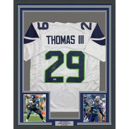 Framed autographed Earl Thomas III Seattle Seahawks white jersey back, number 29