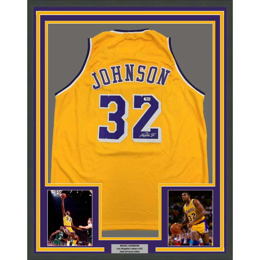 Framed Autographed Earvin Magic Johnson 35x39 Los Angeles LA Yellow Basketball Jersey Beckett BAS COA | Hall of Fame Sports Memorabilia | vintageantiquesgifts.com