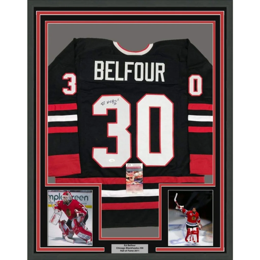 Framed autographed Ed Belfour Chicago Blackhawks jersey number 30 JSA COA