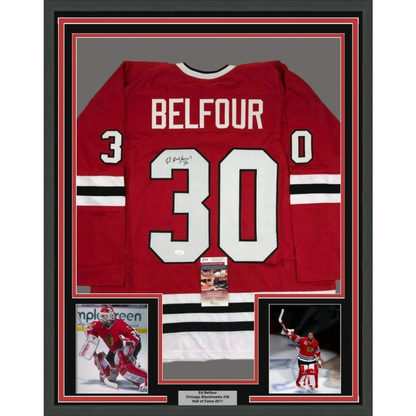 Framed autographed Ed Belfour Chicago Blackhawks red jersey with name and number