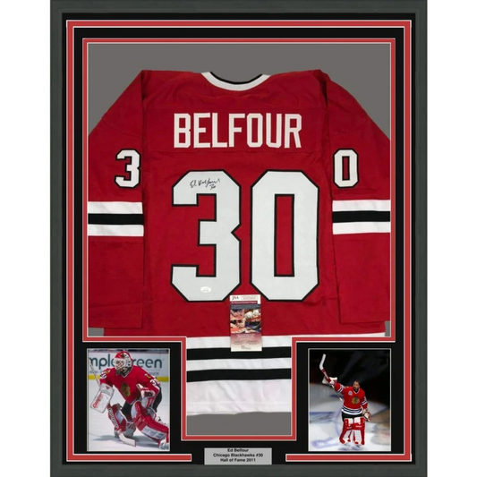 Framed Autographed Ed Belfour 35x39 Chicago Red Hockey Jersey JSA COA | Hall of Fame Sports Memorabilia | vintageantiquesgifts.com