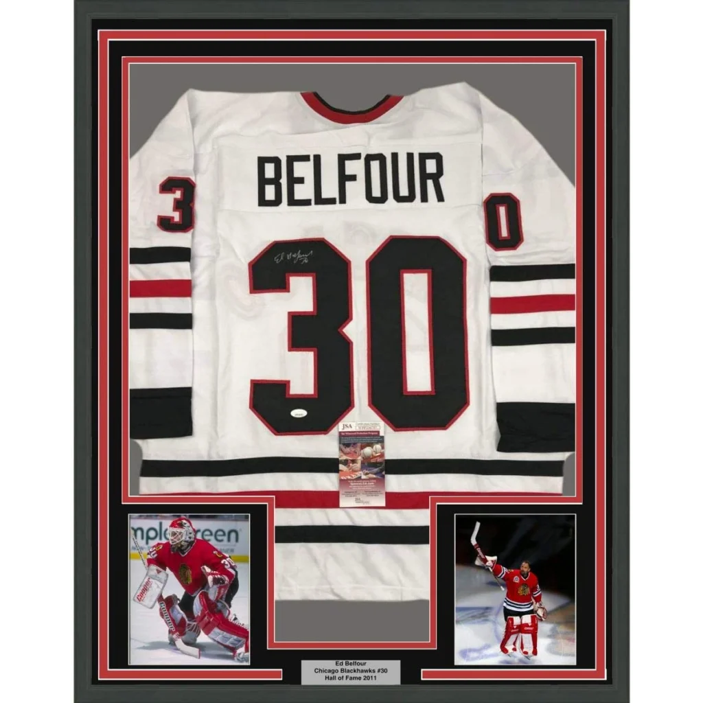 Framed Autographed Ed Belfour 35x39 Chicago White Hockey Jersey JSA COA | Hall of Fame Sports Memorabilia | vintageantiquesgifts.com