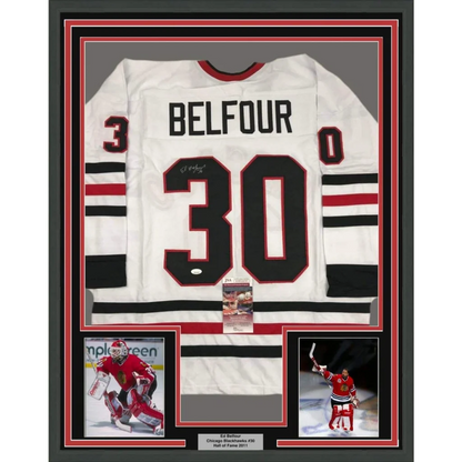 Framed Autographed Ed Belfour 35x39 Chicago White Hockey Jersey JSA COA | Hall of Fame Sports Memorabilia | vintageantiquesgifts.com